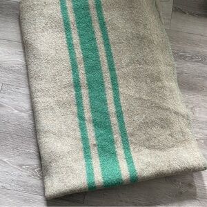 Vintage 100% Wool Camp Blanket Throw Twin Size 3 Stripe Oatmeal Mint Green